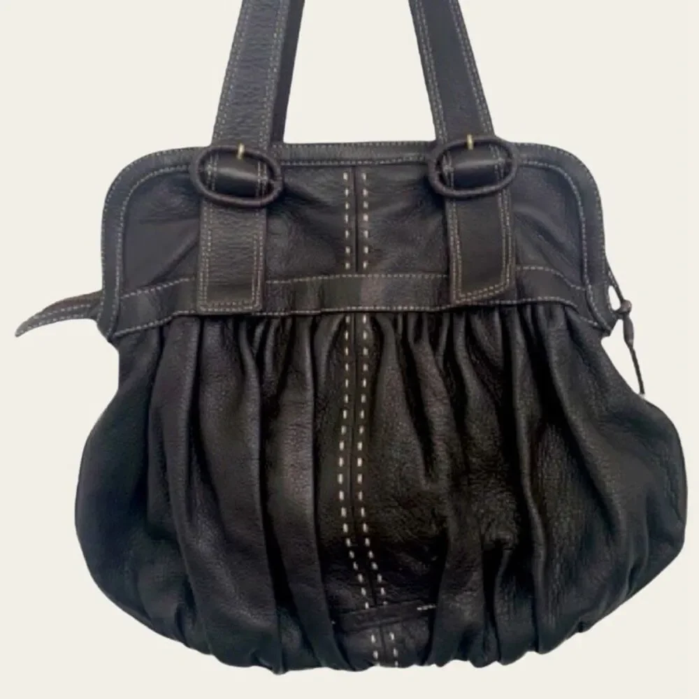 Cole Haan Pebbled Leather Hobo Ruched Brown Double Strap Bag